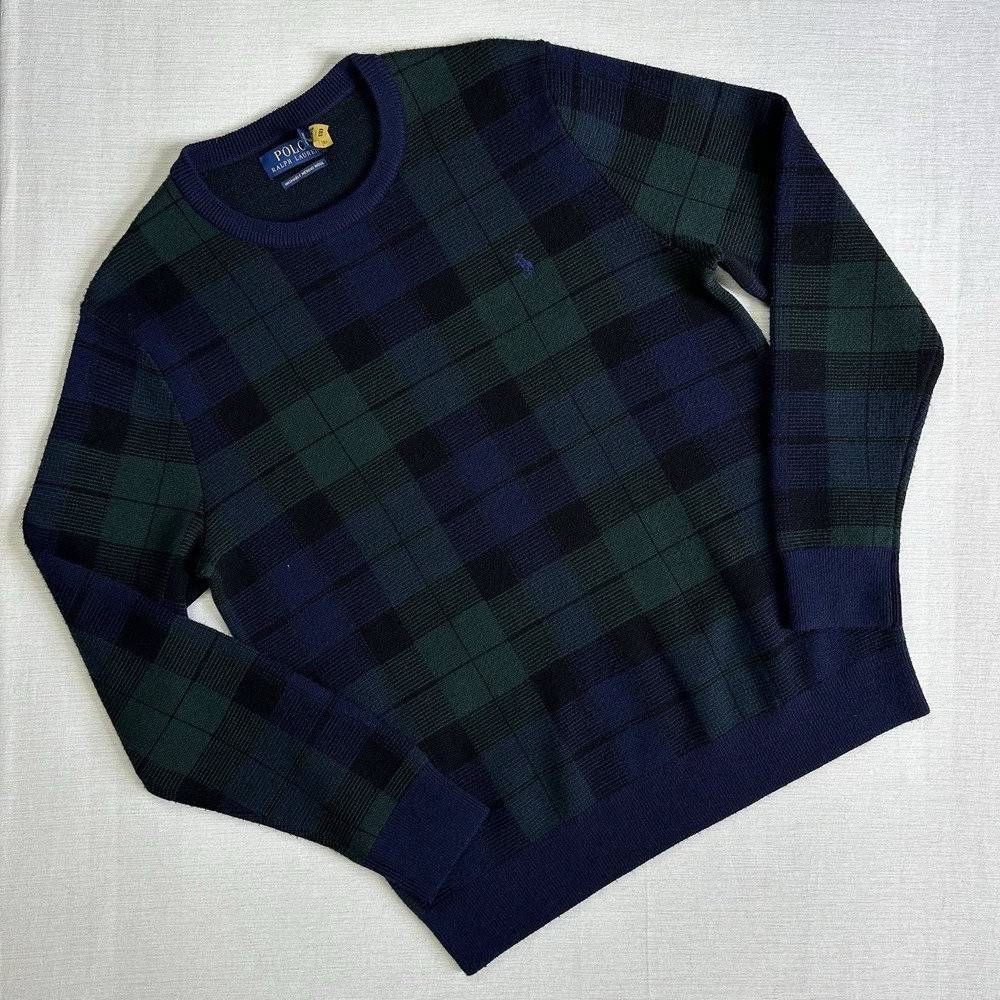 Polo Ralph Lauren Tartan Jumper Mens M Washable Merino Wool Black Watch Preppy